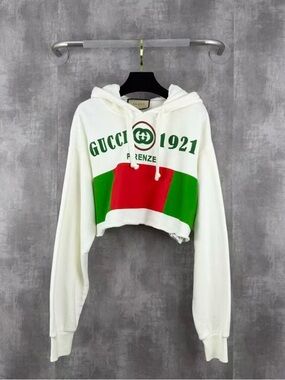 🚩steal Gucci White Cropped Hoodie with Green & Red Graphic